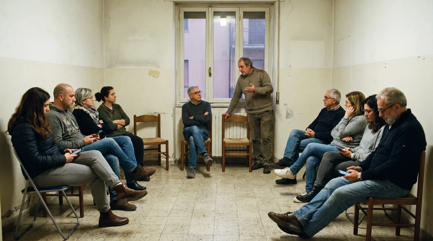 Un’assemblea di condominio nella sala comune di un palazzo