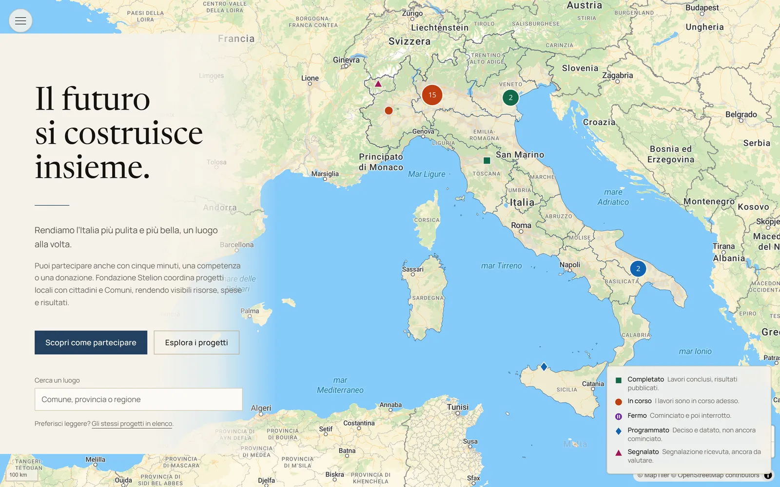 Mappa dell’Italia con ogni progetto segnato secondo il proprio stato